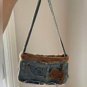 Denim Shoulder Bag with Faux Fur Trim